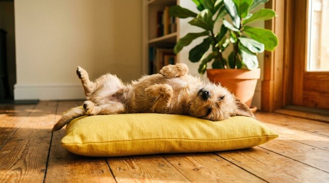 Small scruffy tan terrier dog lying on its back napping on a bright yellow cushion on sunlit wooden floor beside a leafy potted houseplant in cozy interior