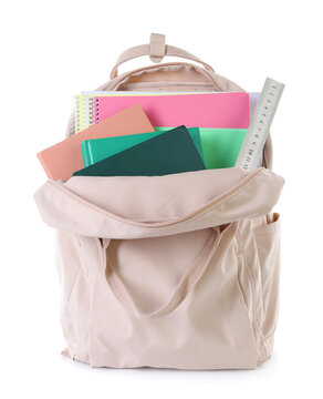 Backpack with stationery on white background. Back to school