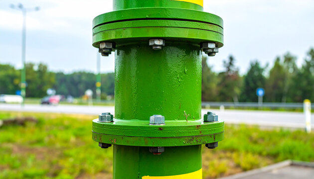 Industrial Pipeline Connection: A sturdy green industrial pipeline segment with large bolts and flanges stands outdoors, highlighting infrastructure and engineering in an outdoor setting.