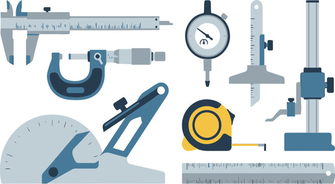 Precision measuring instruments set featuring caliper micrometer dial indicator depth gauge tape measure bevel protractor and metal ruler.