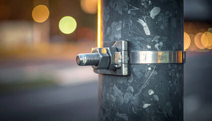 Fototapeta premium Streetlight Clamp Detail: A close-up shot reveals the sturdy metal clamp securing a bolt onto a weathered streetlight pole, with blurred city lights in the background creating a bokeh effect.