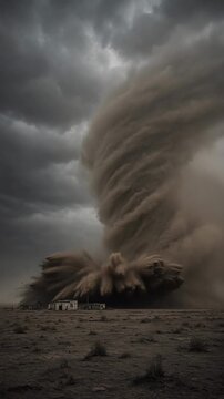 Powerful Sandstorm Towering Over Desolate Landscape with Dark Storm Clouds in the Sky