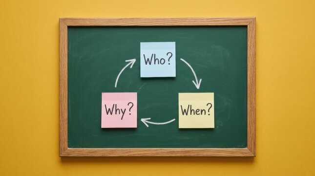 Chalkboard with Who Why and When sticky notes connected by arrows on yellow background representing questions, planning and decision process