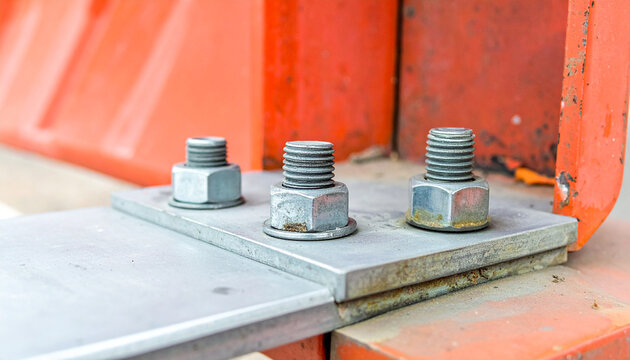 Metal Fasteners: Three heavy-duty nuts and bolts secure a metal plate to an orange structure, showcasing industrial strength and construction.