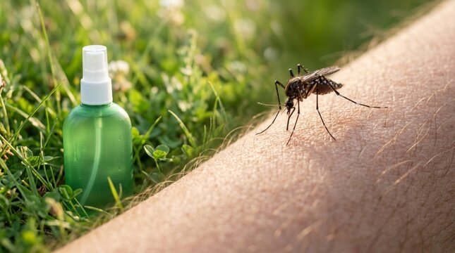 Close-up of mosquito biting human skin in green grass beside insect repellent bottle on sunny summer day