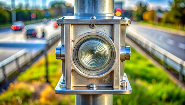 Speed Camera on the Highway: A close-up view of a modern speed camera mounted on a pole along a busy highway, with blurred cars and green surroundings.