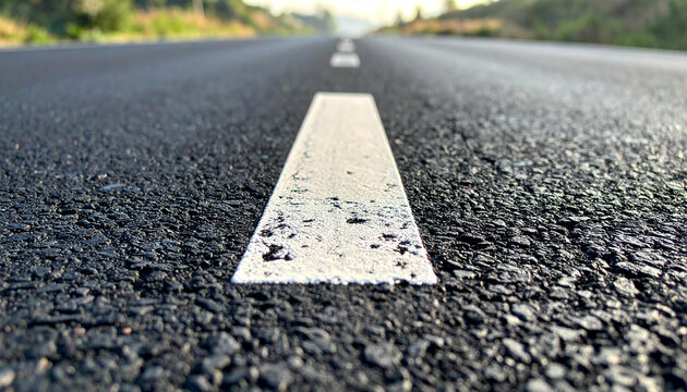 The Open Road Ahead: A close-up perspective of a clear asphalt road stretching into the horizon, marked by white lane lines, symbolizing journeys and endless possibilities.