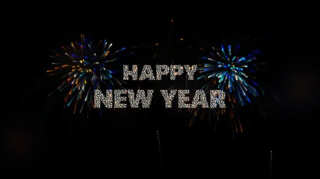 Celebratory new year fireworks display with illuminated happy new year text in night sky