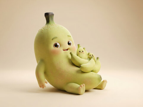 Chubby green banana cartoon character cradles a bunch of tiny smiling baby bananas on a warm neutral studio background.