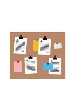 Cluttered corkboard bulletin with pinned papers notes clips and colorful push pins hand-drawn flat vector icon illustration - professional high resolution commercial detailed commercial stock