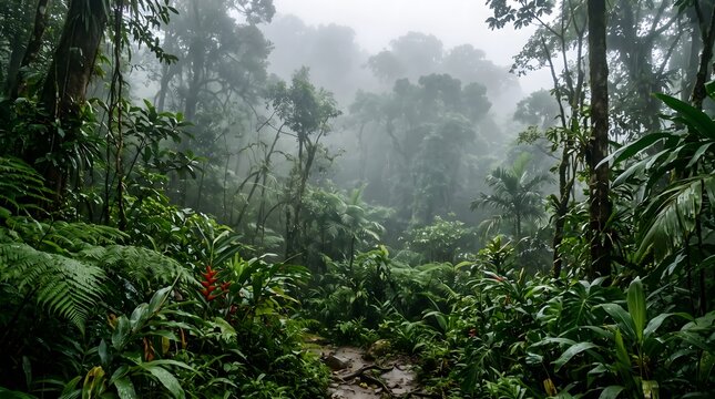 Dense rainforest foliage softened by suspended mist