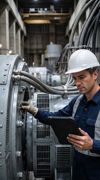 Hydroelectric Technician Performing Diagnostics on Giant Underground Alternator