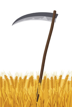 Traditional Harvest Scythe Standing Tall in Golden Wheat Field Vector Icon Illustration With Curved Silver Blade and Long Wooden Handle Farming Agriculture Symbol Flat Design