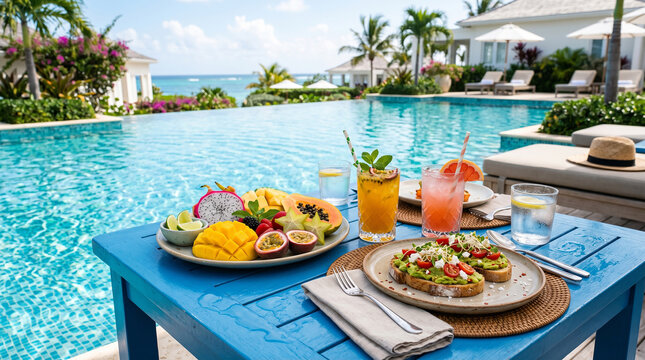 Bright tropical dining table setting by a luxury resort pool perfect for relaxing summer vacation promos and exotic holiday travel menus