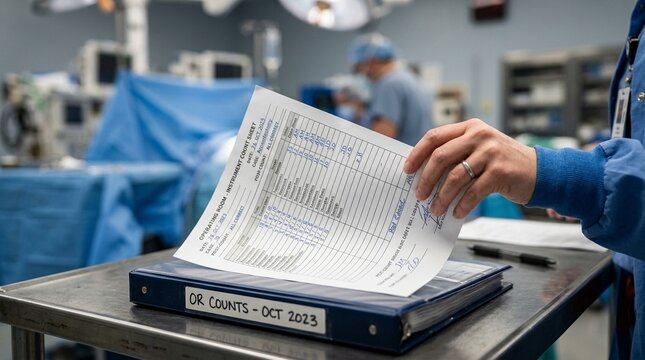 Hand placing a completed instrument count sheet into a folder