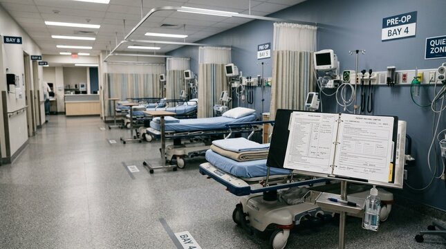 Quiet preoperative holding bay with a patient's chart resting on a stand