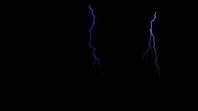Electric blue lightning bolts flashing and branching on alpha channel, isolated for storm, electricity, energy, weather and visual effects