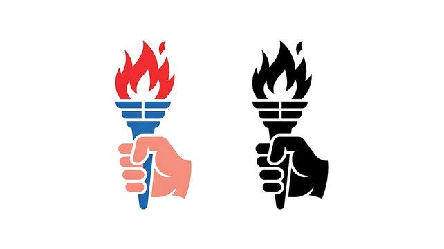 Minimalist vector logo design featuring a hand holding a flaming torch symbolizing leadership and success