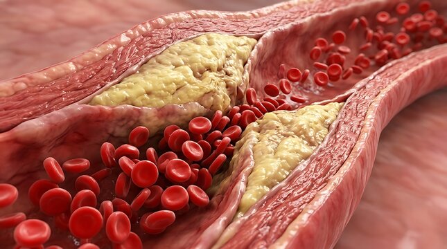 Artery with plaque buildup and flowing red blood cells
