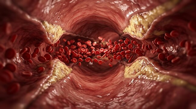 Artery with cholesterol plaque and red blood cells