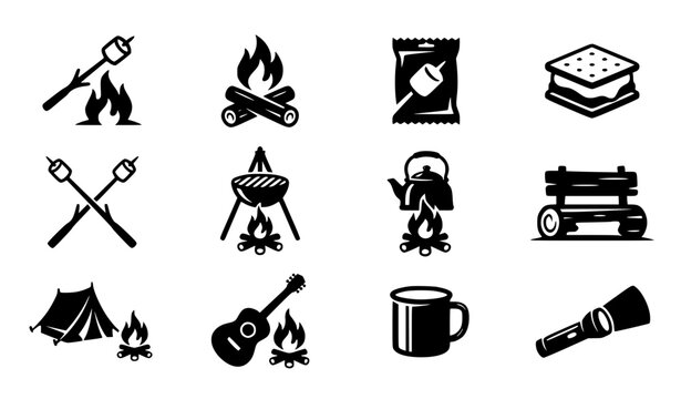 Outdoor campfire marshmallow stick vector silhouettes emblem set camping smores logo collection
