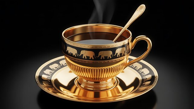 A luxurious golden coffee cup with an elephant pattern on a dark background for elegant morning beverage presentation