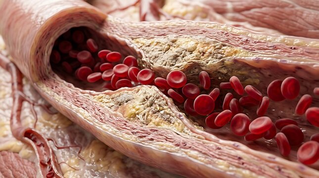 Blood vessel with arterial plaque and red blood cells