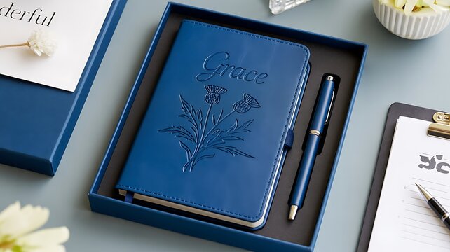 A professional product photography setup of a blue journal and matching pen gift set on a desk workspace