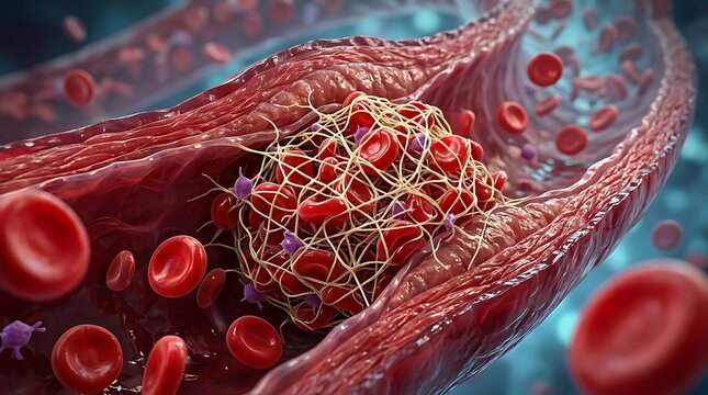 Blood clot within a blood vessel with red blood cells