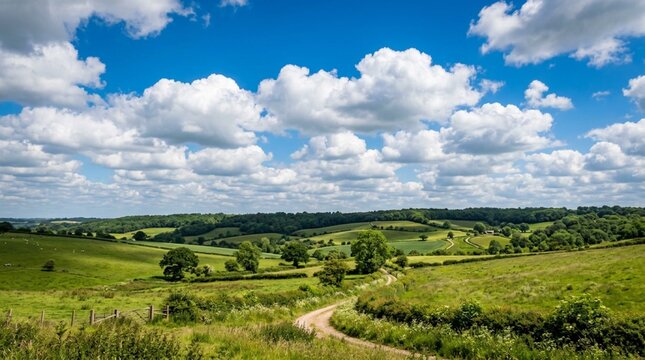 Luminous deep-blue summer sky filled with soft billowing white cumulus clouds above a calm green countryside with rolling hills and winding dirt path