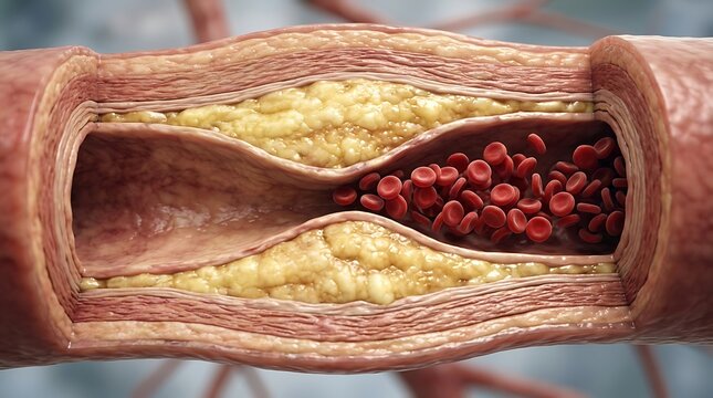 Blood vessel with cholesterol plaque and red blood cells