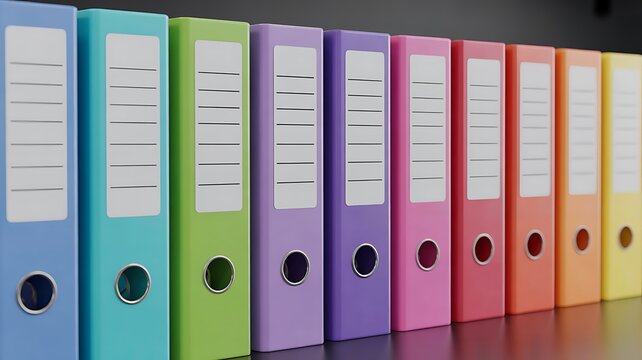 A Row Of Colorful Office Ring Binders Standing Together On A Shelf Representing Organized Document Management And Data Storage