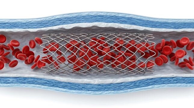 Blood vessel with stent and flowing red blood cells