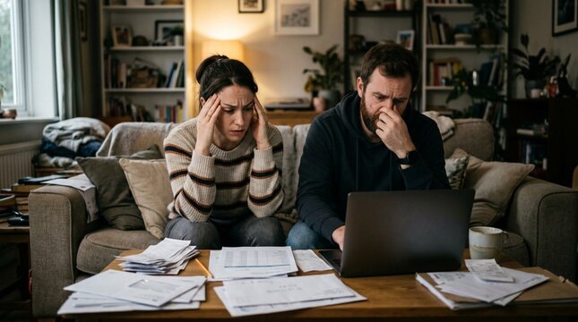 Stressed couple on sofa reviewing stacks of bills and paperwork beside open laptop on coffee table in dim living room