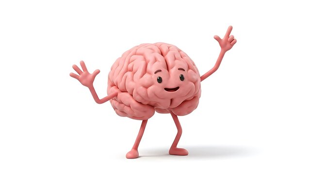 Pink cartoon brain character waving and pointing