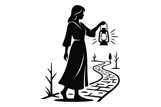 Woman walking on a stone path at night holding a glowing lantern with guidance