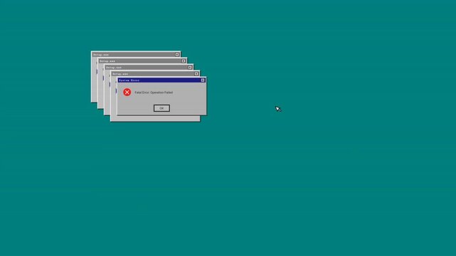 Animated Retro Computer System Error Message Windows Cascading on Teal Background