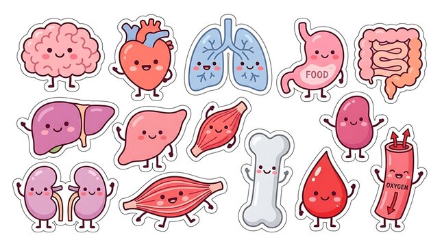 Cartoon human organ sticker set with transparent background