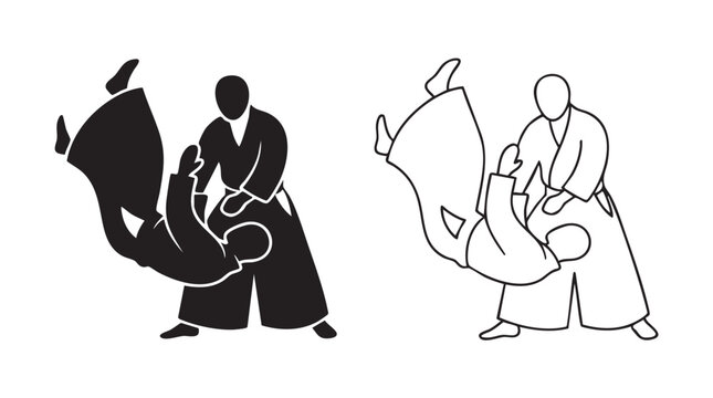 aikido throw pose vector icon, martial arts illustration