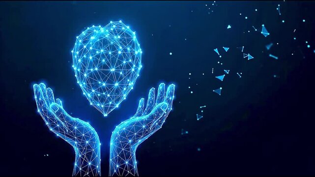 Modern Healthcare Tech: Glowing Blue Wireframe Hands Holding Polygon Heart Icon - Medical Science and Digital Care Concept 