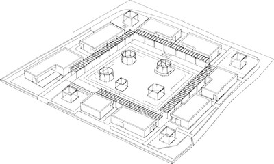 Fototapeta premium Isometric architectural site plan sketch showing a central courtyard surrounded by modular building blocks in black lines