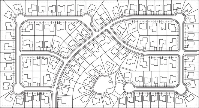 Black and white residential subdivision site plan showing house plots and road layout in vector line art