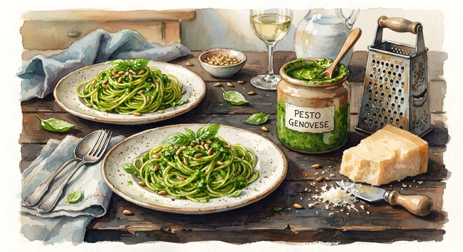 Watercolor illustration of plates of spaghetti pasta with pesto Genovese on a wooden table