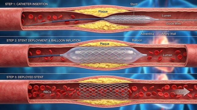 Coronary stent insertion and deployment procedure illustration