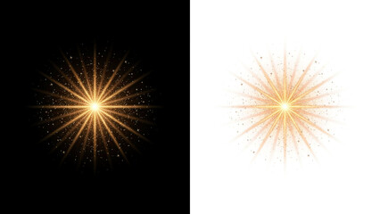 Fototapeta premium Glowing golden starburst flare with sparkling particles on black and white