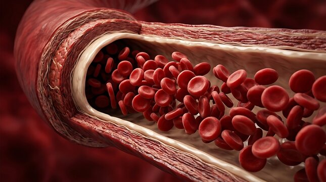 Red blood cells flowing through a blood vessel