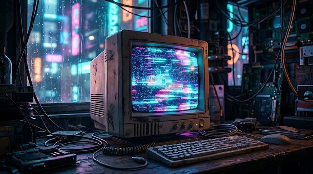 Retro computer monitor displaying digital glitch static in a dark room with neon city lights outside.