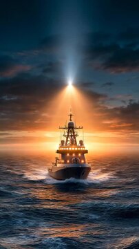 Vertical Video - Naval Patrol Vessel Searching Ocean at Night, Searchlights