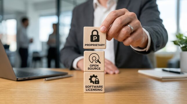 Businessman placing wooden block with proprietary symbol on top of open source and software licensing blocks on office desk