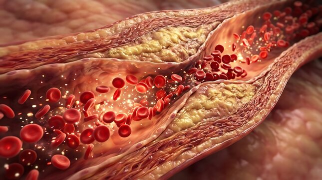 Red blood cells flowing through artery with plaque buildup